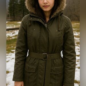 MANGO XXS Belted Winter Coat | Olive Green Parka with Faux Fur Trim